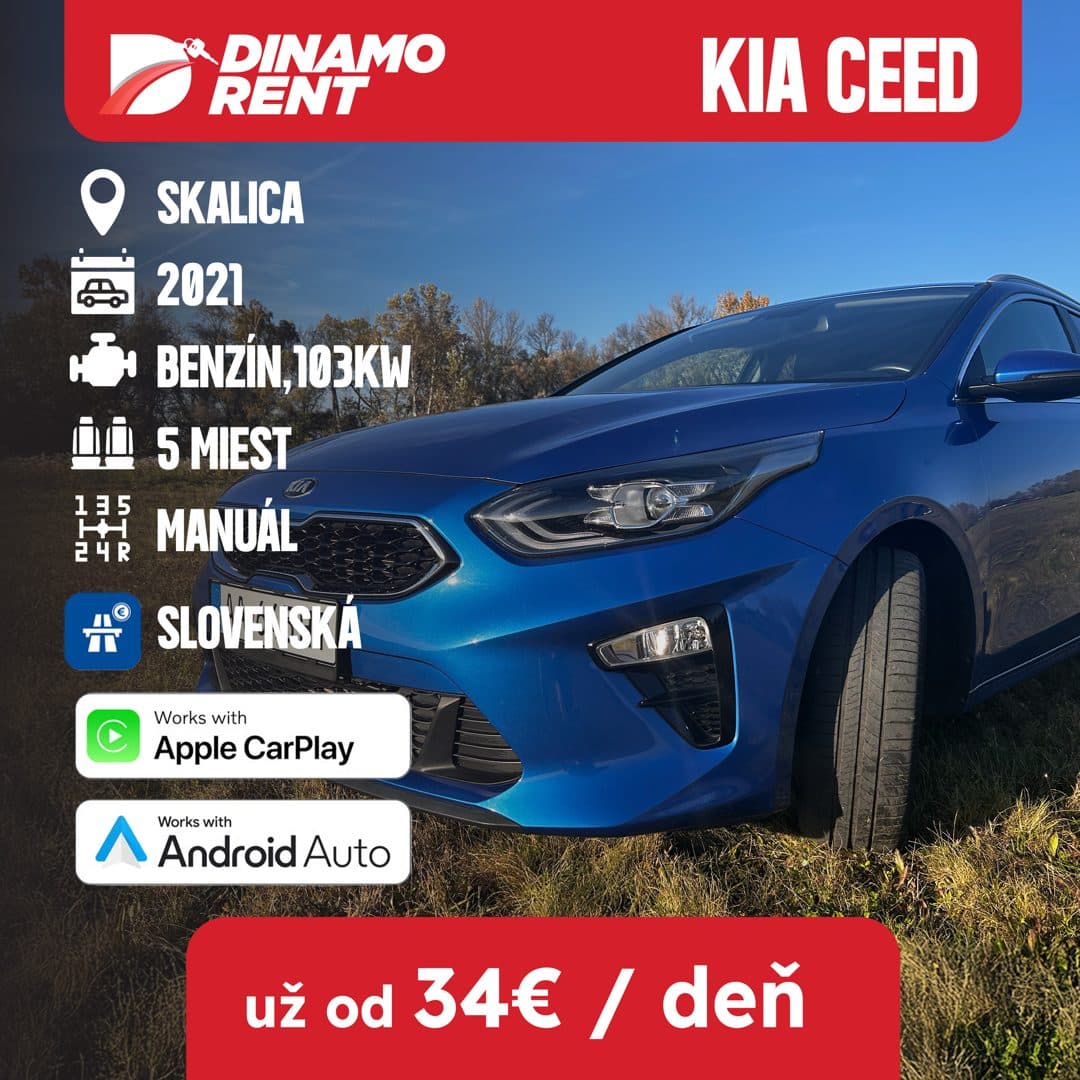Kia Ceed od 34 € na deň. Apple CarPlay aj Android Auto.